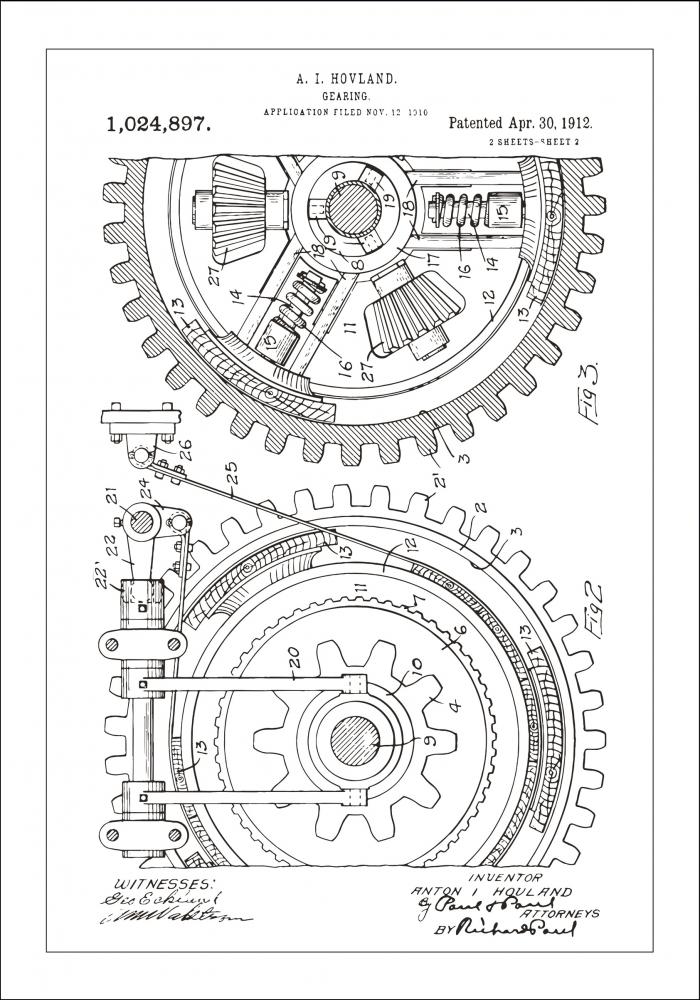 Disegni di brevetti - Ingranaggi - Bianco Poster