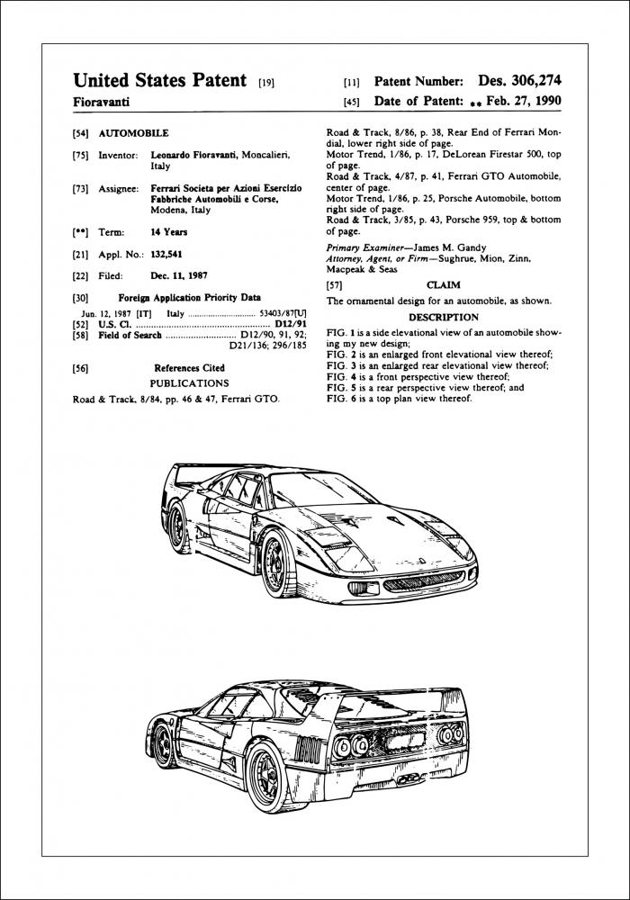 Disegni di brevetti - Ferrari F40 I Poster