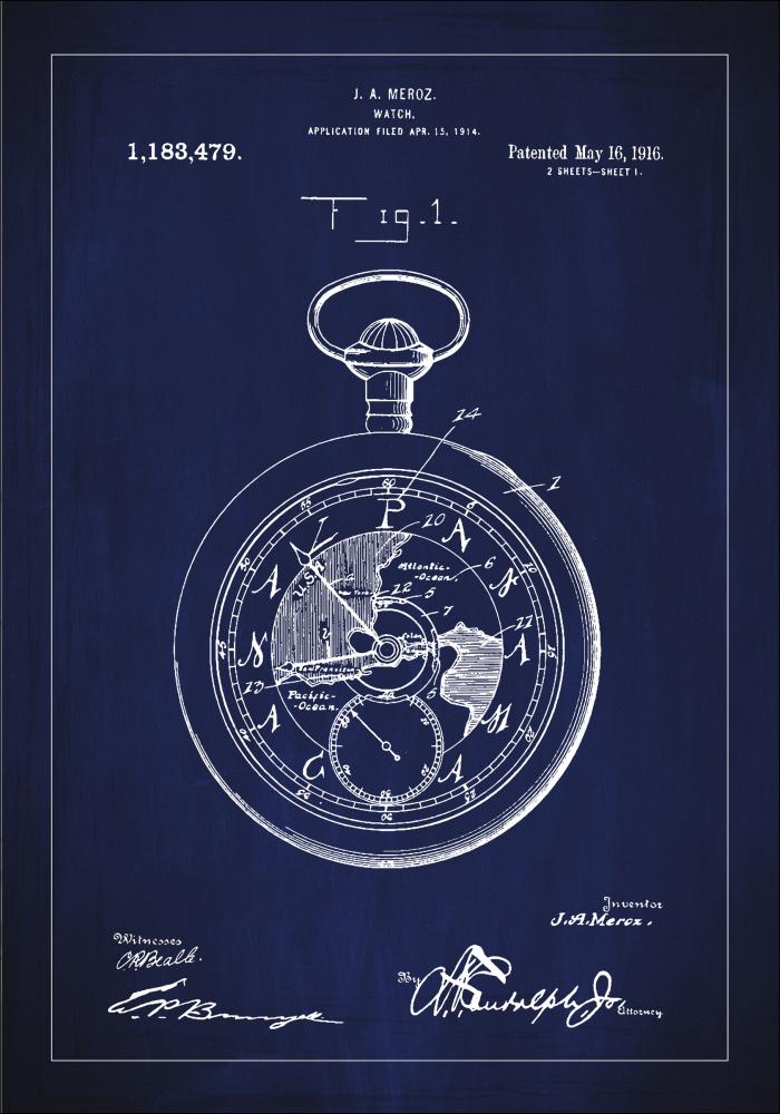 Disegni di brevetti - Orologio da tasca - Blu Poster
