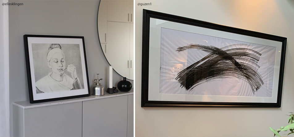 Due cornici nere su misura con motivi in bianco e nero