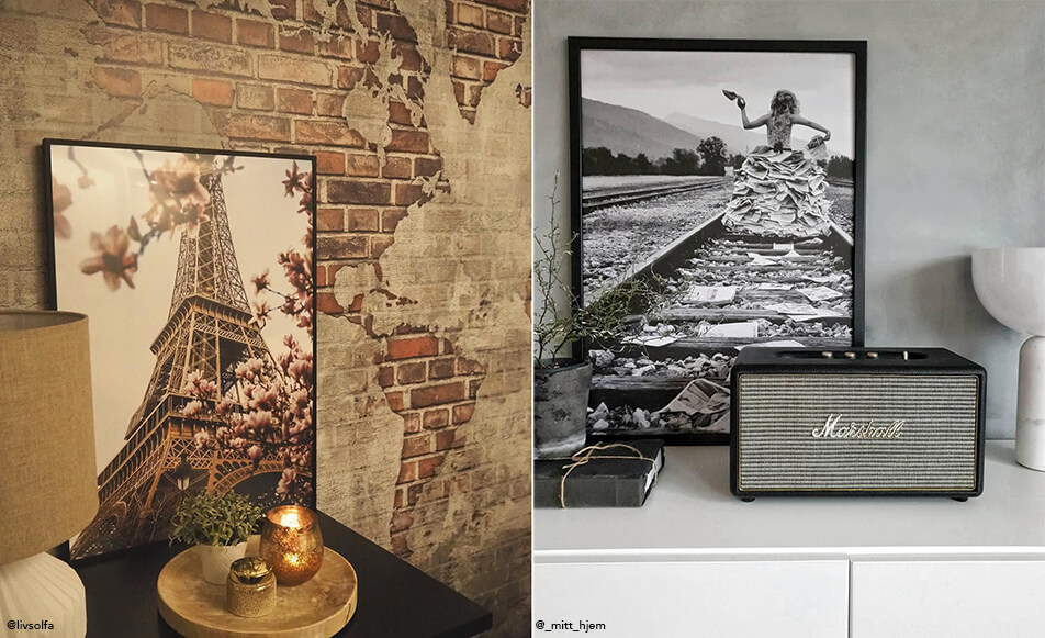 Quadro della Torre Eiffel contro una parete con carta da parati in mattoni - quadro in bianco e nero e altoparlante