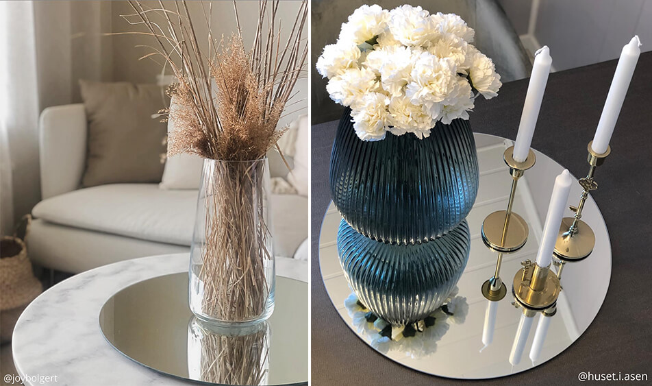 Specchio rotondo come vassoio per candele e fiori